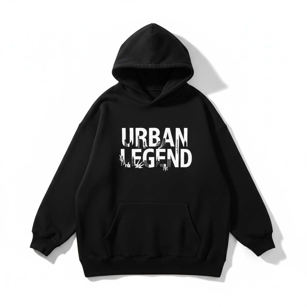 Oversized Hoodie Urban Legend - Schwarzer Streetwear Hoodie mit weißem Print